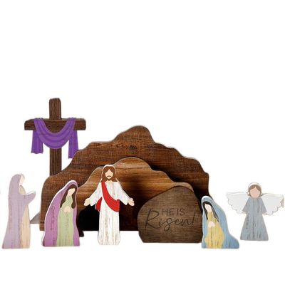 9 Pcs Empty Tomb Christian Scene and Cross Decoration, Easter Wooden Resurrection Scene Cross Jesus Tomb Tray Set, Jesus Nativity Scenes Decor for Religious Home Office Tabletop Christian Gifts