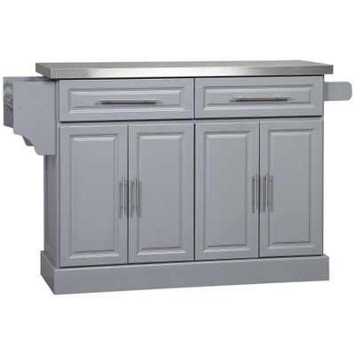 Rolling Kitchen Island with Storage, Portable Kitchen Cart with Stainless Steel Top, 2 Drawers, Spice, Knife and Towel Rack and Cabinets