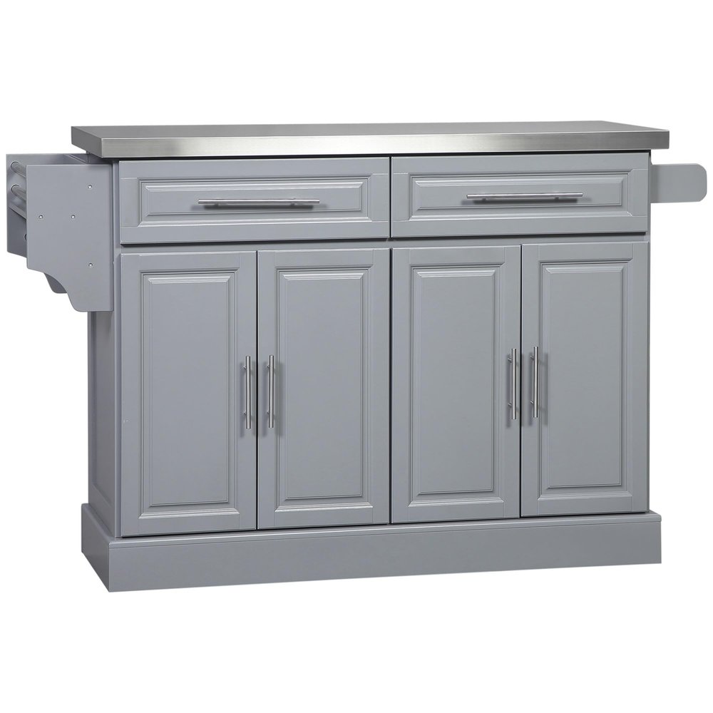 Rolling Kitchen Island with Storage, Portable Kitchen Cart with Stainless Steel Top, 2 Drawers, Spice, Knife and Towel Rack and Cabinets