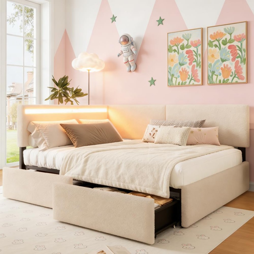 Bellemave Twin Corner bedframe with 2 Drawers,Upholstered daybed with Storage, L-Shape daybed for Bedroom Living Room, Beige Fleece