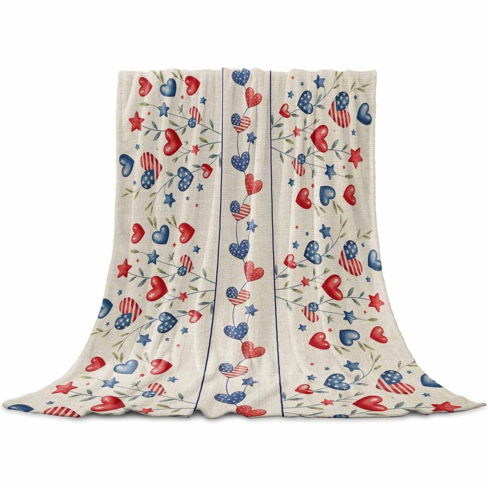 Independence Day Throw Blanket for Couch,Soft Lightweight Flannel Fleece Blanket,4th of July Red Blue Strip Love Burlap Microfiber Plush All Season Decorative Blankets for Sofa Office Lap 30"x40"