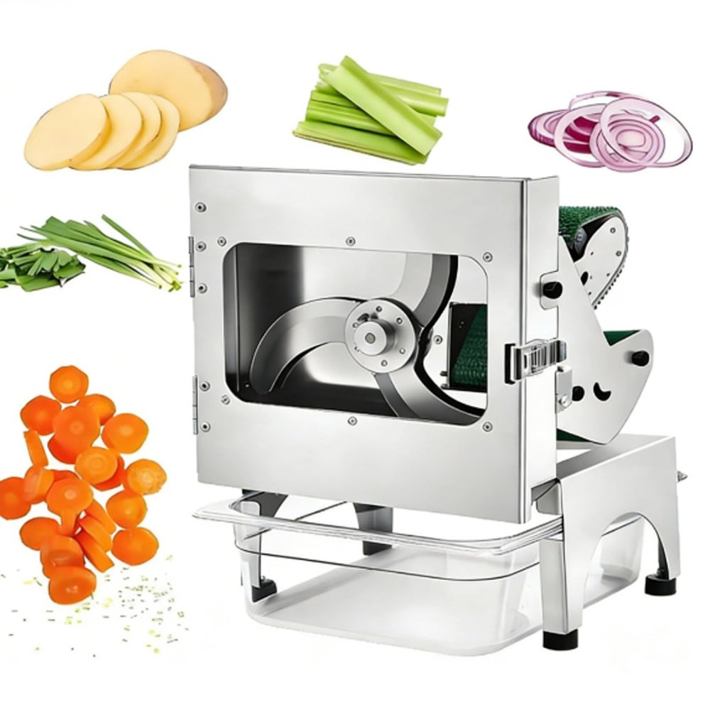 200W Commercial Electric Vegetable Cutter with Conveyor Belt, Automatic Scallion Chopper,300kg/h Heavy-Duty Kitchen Onion Chopper, 1.5-35mm Thickness Adjustable