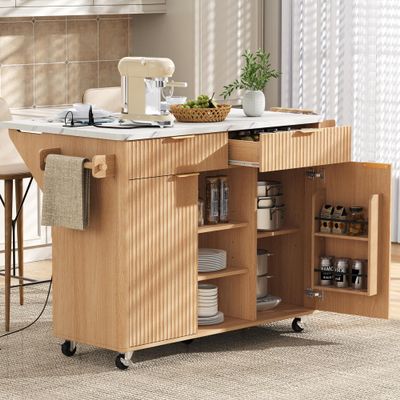 E-SHANHOMY Fluted Kitchen Island with Drop Leaf,52" Rolling Kitchen Storage Cart with Power Outlet,Modern 2 Doors Island Table with 2 Drawers,Adjustable Shelves,Spice Tower Rack (Natural)