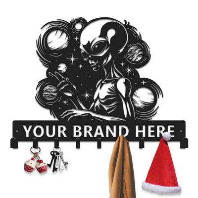 Gewasi Personalized Alien & UFO Metal Wall Art with Hook, Alien Key and Towel Rack, Custom Name or Quote, Functional Sci-Fi Decor for Game Room and Office (Style-2)