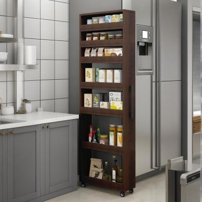 7 Tier Standing-Shelf with Wheels, Wooden Slim Storage Cart, Various Sizes and Colors, Thickened Plate, Scratch-Resistant and Wear-Resistant, For Home, Kitchen, Bakers, Closet, Pantry, Dining Room