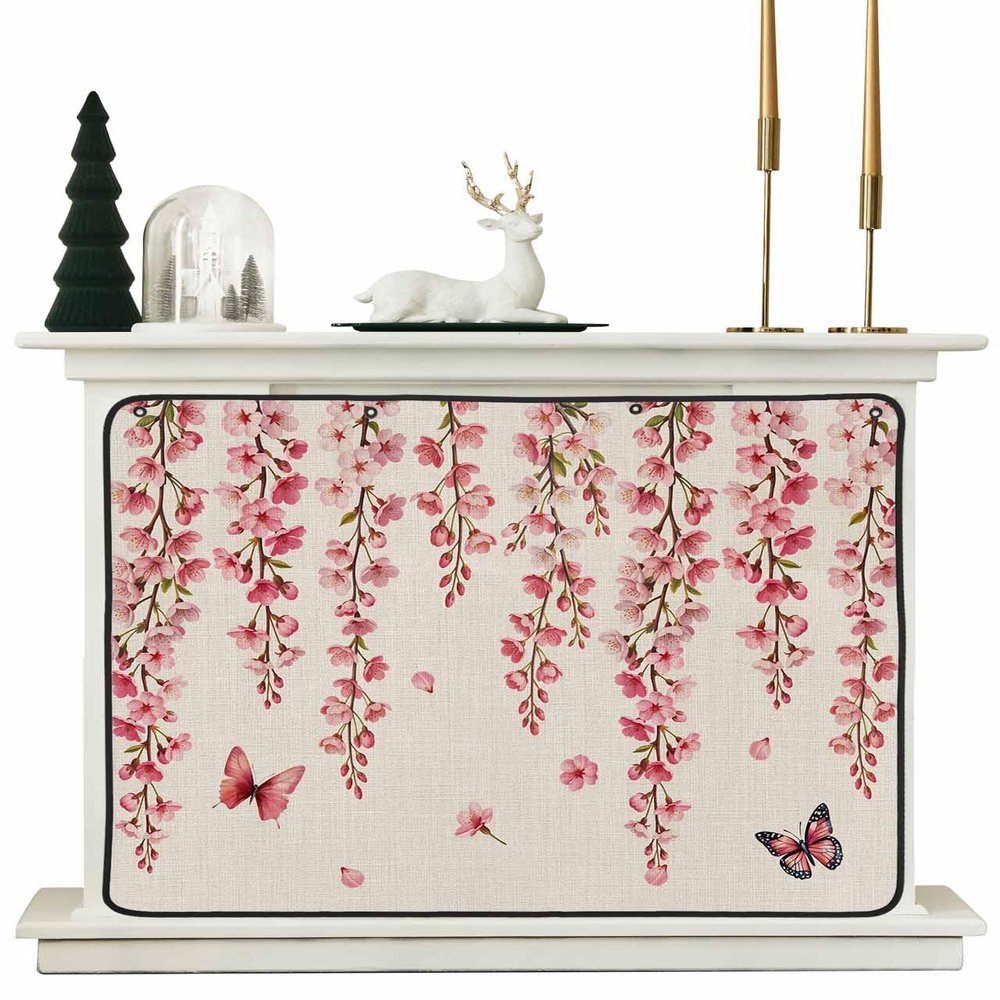 Butterfly Flower Magnetic Fireplace Cover, Fireplace Draft Blocker, Farmhouse Country Pink Floral on Linen Fireplaces Blanket for Heat Loss/Cold Air, Fireplaces Draft Stopper Cover for Inside 45"x34"