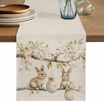 Eater Bunny Cotton Linen Table Runner for Dining Kitchen, Spring Botanical Flowers Eggs Trees Branch Wedding Outdoor Party Tablerunners, Dresser Scarf Coffee Tablecloth Runners 13x120 Inches
