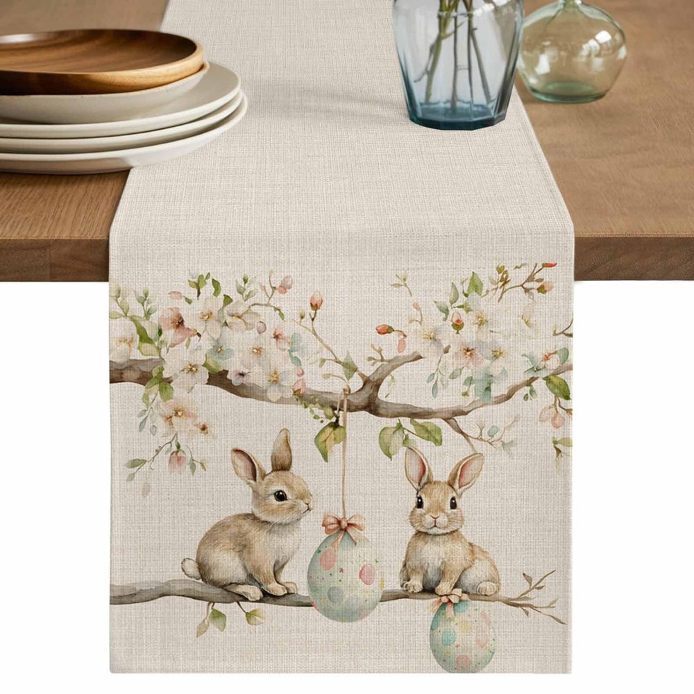 Eater Bunny Cotton Linen Table Runner for Dining Kitchen, Spring Botanical Flowers Eggs Trees Branch Wedding Outdoor Party Tablerunners, Dresser Scarf Coffee Tablecloth Runners 13x120 Inches
