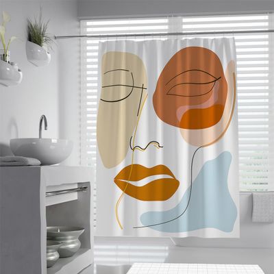 Abstract Face Art Shower Curtain with Geometric Shapes and Minimalist Lines Modern Bathtub Curtain Waterproof Polyester Machine Washable 48 x 78 inch