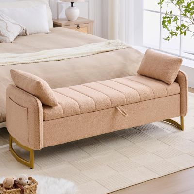 AEMEIOS 66'' King Size Storage Bench for Bedroom, Teddy Boucle End of Bed Benches for Foot of Bed, Storage Ottoman Bench with Golden Legs and Pockets for Living Room Window Entryway, Camel