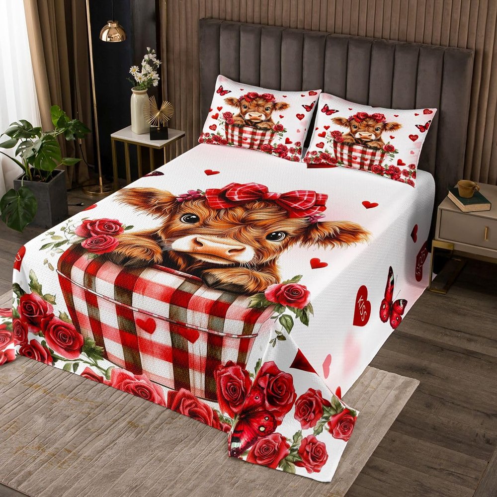 Manfei Valentine Kids Bedspread Queen Size,Cute Highland Cow Roses Flower Coverlet Set,Girls Boys Room Decor,Floral Heart Butterfly Bowknot Quilted Coverlet,Red Brown Bedding Quilt,2 Pillowcases
