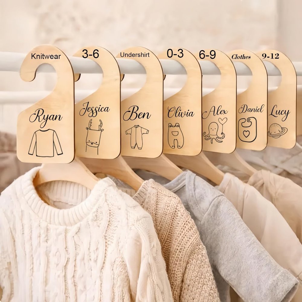 7Pcs Personalized Wooden Baby Closet Dividers, Customizable Newborn To Toddler Closet Dividers With Engraved Name And Icon, Ideal Nursery Closet Organizer For Baby Girls Or Boys Wardrobe