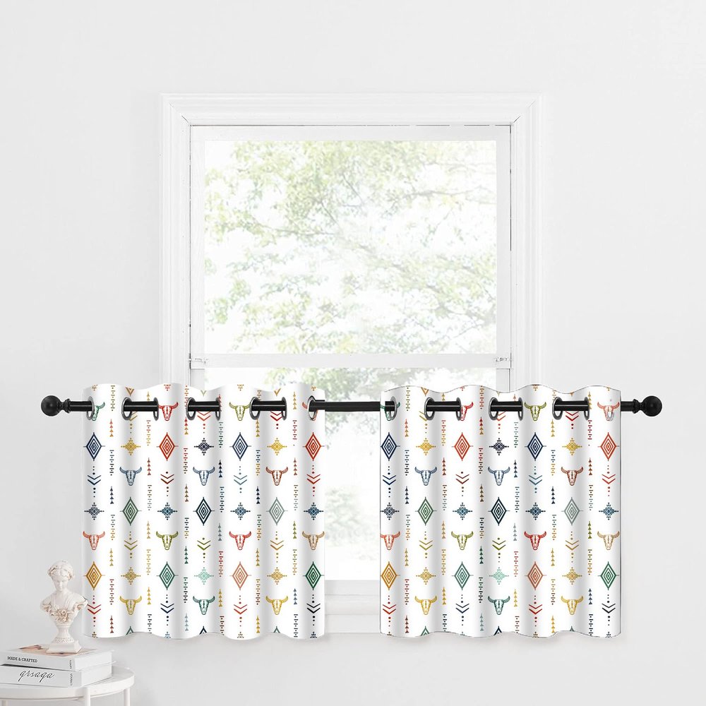 AHBEWIN Western Colorful Blackout Small Window Curtains for RV Camper Bus Kitchen, Aztec Tribal Bull Skull Boho Grommet Short Bedroom Cafe Curtain Native Ethnic Rustic Drapes 2 Panels, 24x26in