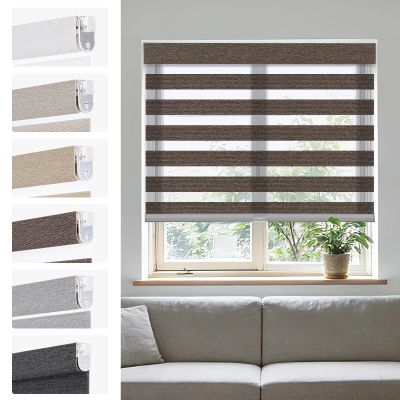 Persilux No Drill Zebra Blinds for Indoor Windows,Zebra Blinds for Windows,Pattern Linen Fabric,Pull Down Shades for Kitchen Bedroom,Light Filtering Dual Layer for Day and Night,Brown43.5 W x 48" H
