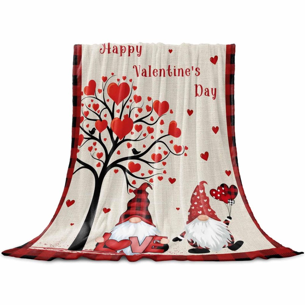 Love Heart Valentine's Day Throw Blanket for Couch,Soft Lightweight Flannel Fleece Blanket,Tree Gnomes Romantic Rustic Microfiber Plush All Season Decorative Blankets for Sofa Office Travel 32"x48"