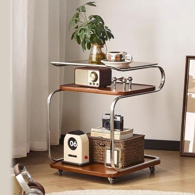 3-Tier Industrial S-Shaped Side Table with Wheels Wood & Metal Snack End Table Mobile Storage Cart for Living Room Lightweight