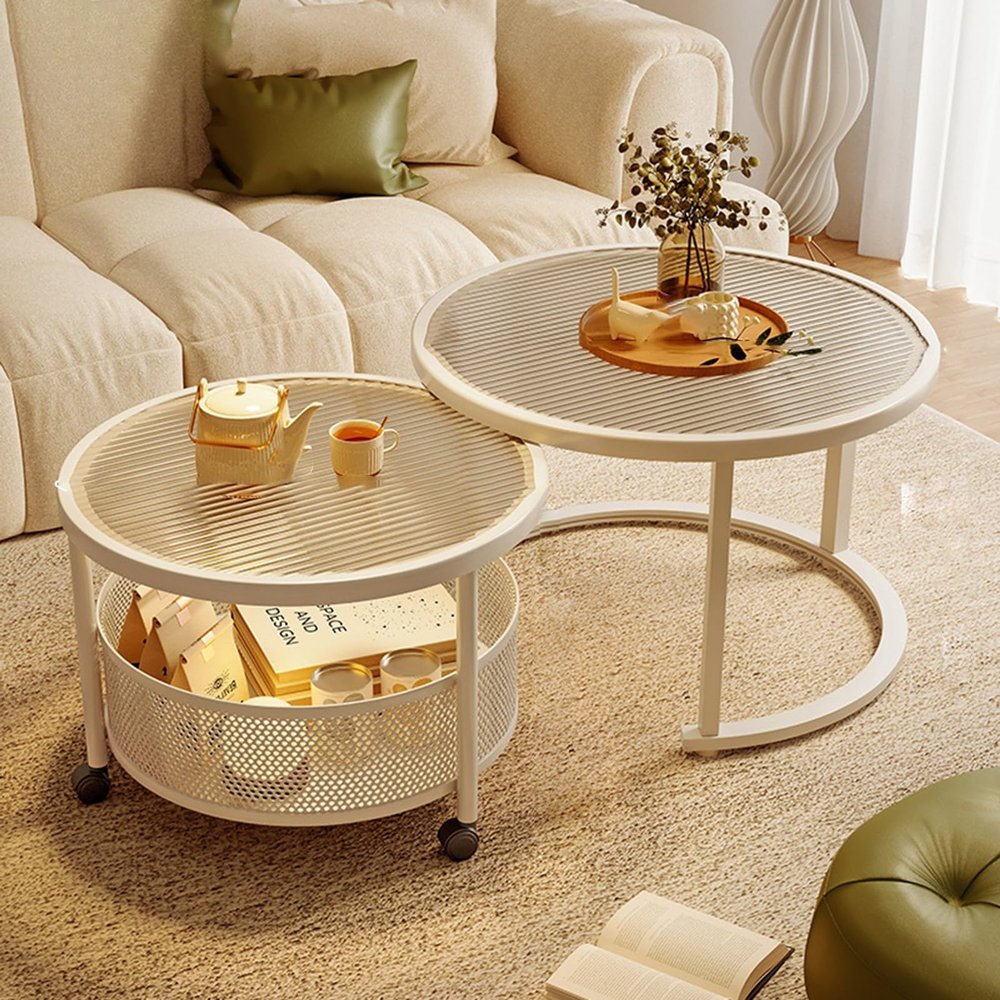 Round Coffee Tables for Living Room,Nesting Coffee Table Set of 2,with Wheels and Open Mesh Basket,with Storage Space,Easy to Assemble,Space-Saving,for Bedroom Office(White,80*45+60*40cm)
