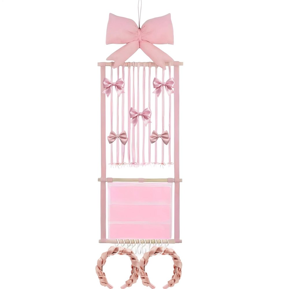 Hair Clip Organizer - Pink Bow Mesh Bag Wall Mount - Hair Clip Storage Wall Hanger - for Women Teen Girls Door Closet Bedroom Living Room Home Decor Apartment