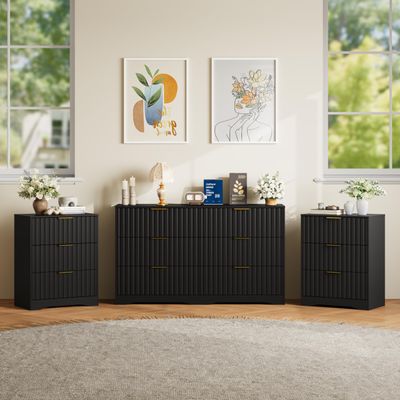 6 Drawer Dresser and Nightstand Sets for Bedroom, Modern Fluted 3 Pcs Bedroom Dresser Furniture Sets, Wood Chest of Drawers and Nightstand Set of 2 with Metal Handles, Natural Oak
