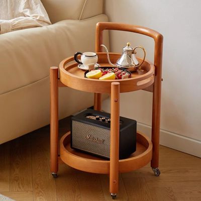 2 Tier Sofa End Table with Sturdy Legs, Solid Wood Side Table with 360 Swivel Wheels,Round Side Tables with Open Storage,Rolling Accent Cart for Living Room, Bedroom,Natural