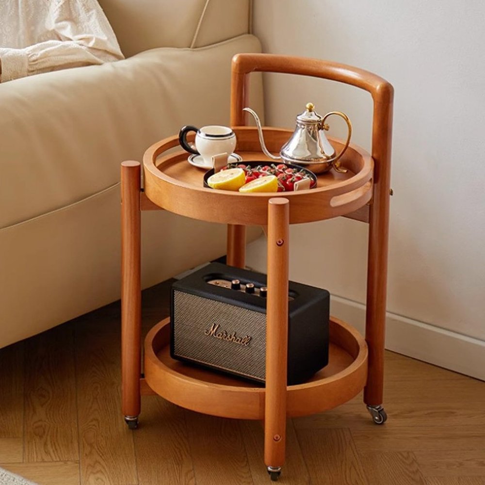 2 Tier Sofa End Table with Sturdy Legs, Solid Wood Side Table with 360 Swivel Wheels,Round Side Tables with Open Storage,Rolling Accent Cart for Living Room, Bedroom,Natural