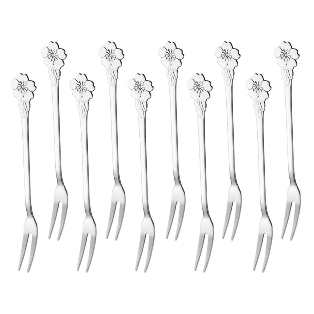 AUTSUPPL Stainless Steel Two Teeth Fruit Forks, Portable Dessert and Cake Forks, 10pcs Set for Home and Party Use