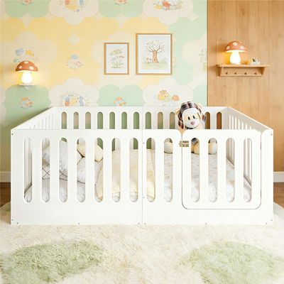 Bellemave Montessori Full Floor Bed with Playful Door & 23.6" H Guardrails, Solid Wood Montessori Floor Bed Frame, Low Profile & Rounded Corner Safe Design, No Slats, No Box Sring Needed, White