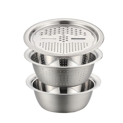 2026 New Thickened Stainless Steel Basin, 3-in-1 Multifunctional Mixing Bowls with Colander & Grater Set, Heavy Duty Rice Rinser and Vegetable Shredder for Kitchen (9.44"/24cm)
