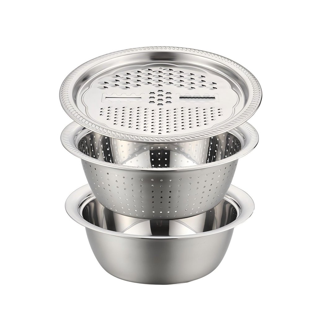 2026 New Thickened Stainless Steel Basin, 3-in-1 Multifunctional Mixing Bowls with Colander & Grater Set, Heavy Duty Rice Rinser and Vegetable Shredder for Kitchen (9.44"/24cm)