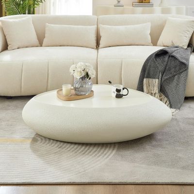 45.28" Oval Coffee Table, Modern Faux Stone Circle Center Tables Accent Drum End Side Table for Living Room, No Installation Required,White