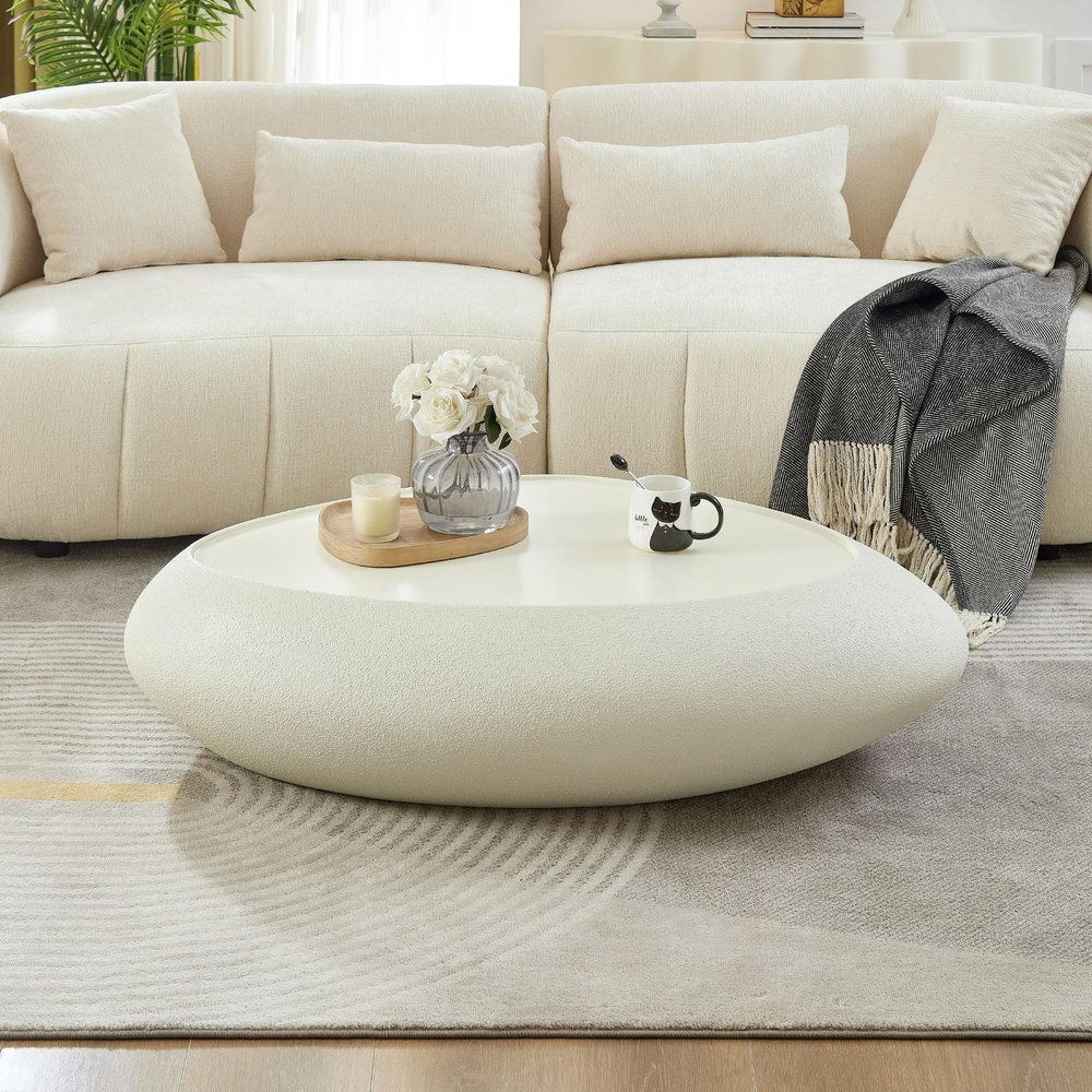 45.28" Oval Coffee Table, Modern Faux Stone Circle Center Tables Accent Drum End Side Table for Living Room, No Installation Required,White