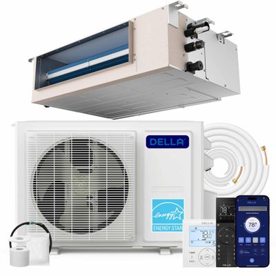 DELLA 9,500 BTU Concealed Ducted Mini Split Air Conditioner, 19.6 SEER2, Energy Star, Pre-Charged, 230V Inverter Heat Pump System, Compatible with Alexa and Wifi, 16.4ft Installation Kit & Thermostat