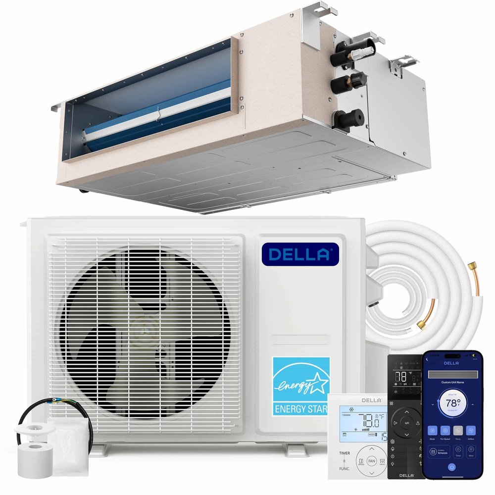 DELLA 9,500 BTU Concealed Ducted Mini Split Air Conditioner, 19.6 SEER2, Energy Star, Pre-Charged, 230V Inverter Heat Pump System, Compatible with Alexa and Wifi, 16.4ft Installation Kit & Thermostat