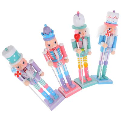 FOMIYES 4pcs 18cm Christmas Nutcracker Soldier Figurines Set, Wooden Nutcracker Figures in Macaron Colors, Holiday Tabletop Decor for Home and Office Seasonal Display