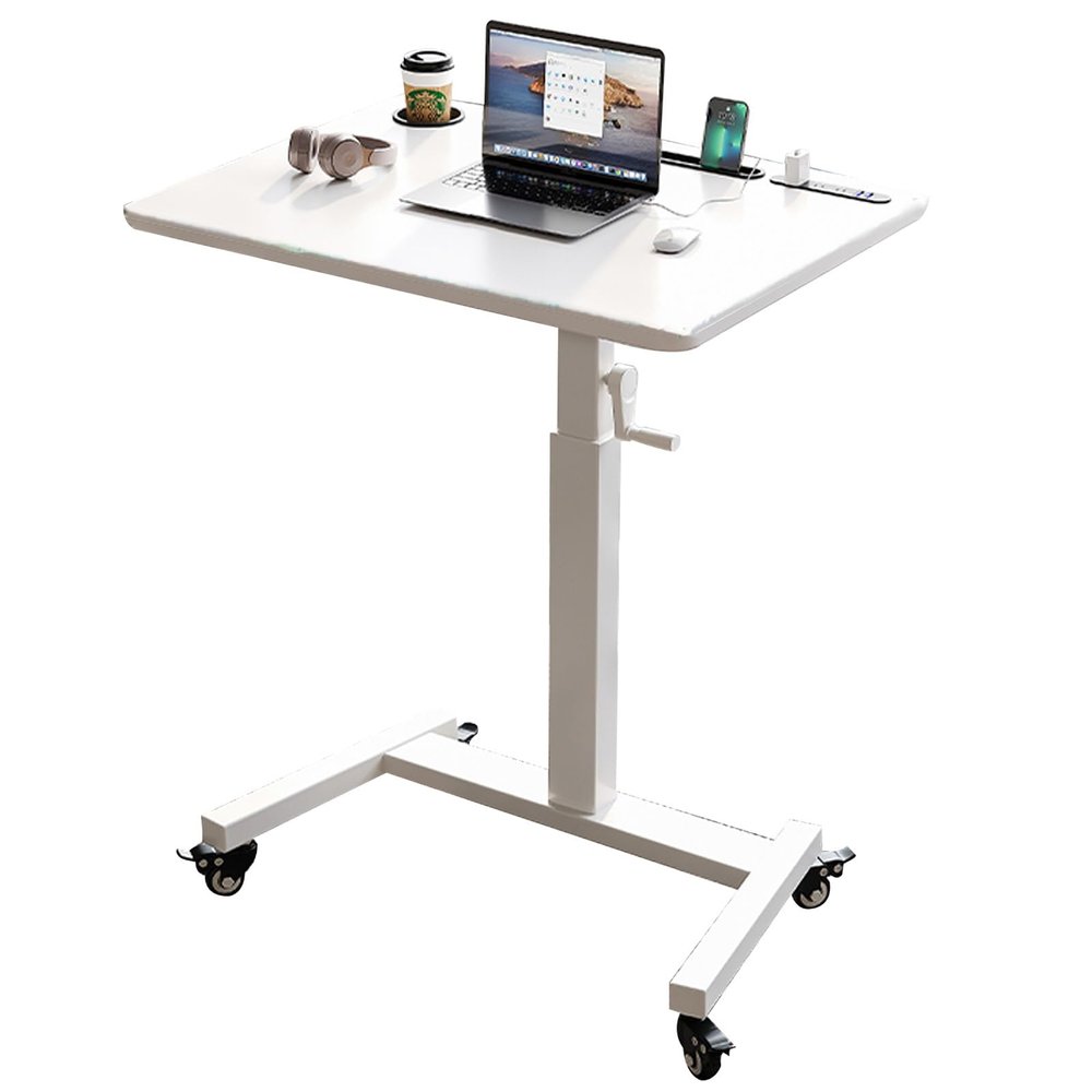 Adjustable Standing Desk with Power Outlets, Manual Height Control, Mobile Rolling Design for Home and Office Workspaces