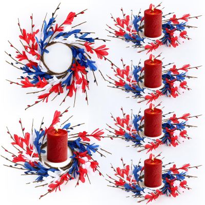 6 PCS Patriotic American Candle Rings Wreaths 4th of July Red White and Blue Floral Candle Rings Holder with Forsythia Flowers Mini Independence Day Wreath for Party Home Table Centerpiece Decor