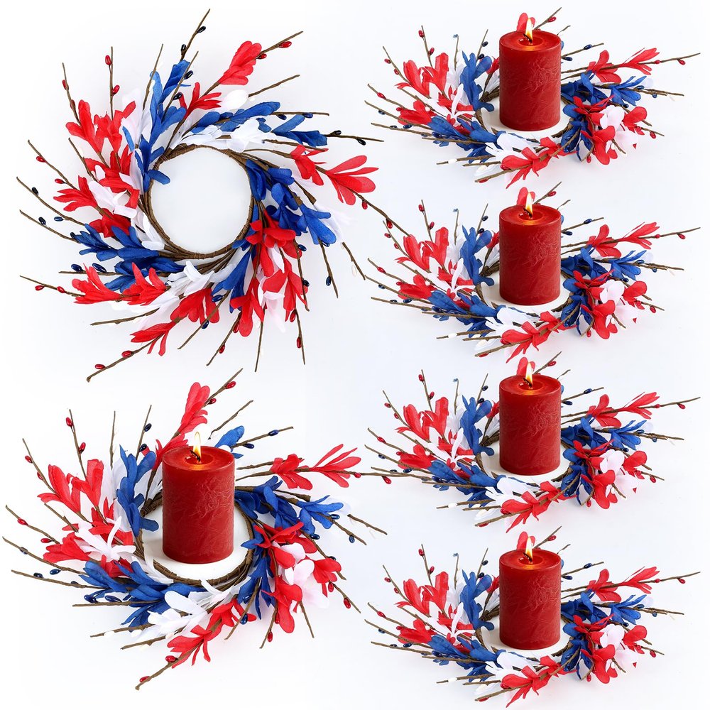 6 PCS Patriotic American Candle Rings Wreaths 4th of July Red White and Blue Floral Candle Rings Holder with Forsythia Flowers Mini Independence Day Wreath for Party Home Table Centerpiece Decor