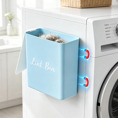 DIRZHX Magnetic Lint Bin with Lid for Laundry Room, Compact Plastic Dryer Lint Holder, Small Laundry Trash Container for Dryer Lint & Used Dryer Sheets, Space Saving Storage Decor Organizer (Blue)
