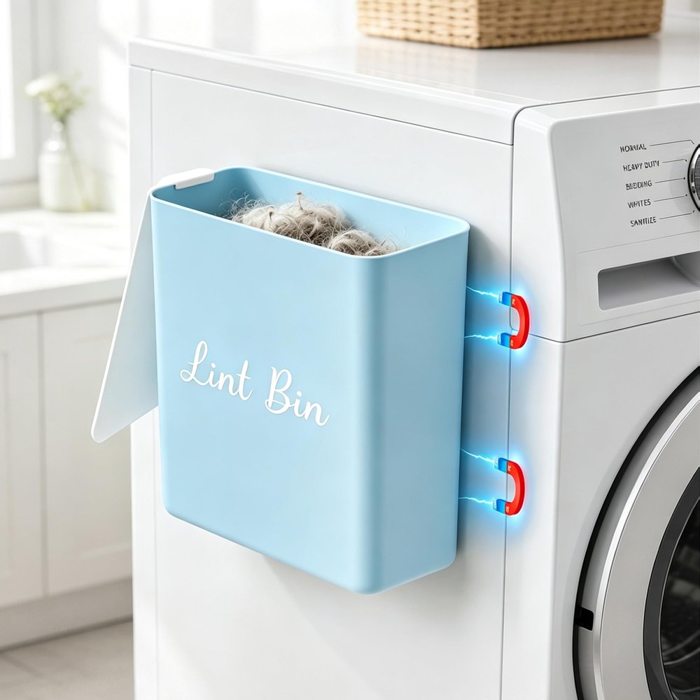 DIRZHX Magnetic Lint Bin with Lid for Laundry Room, Compact Plastic Dryer Lint Holder, Small Laundry Trash Container for Dryer Lint & Used Dryer Sheets, Space Saving Storage Decor Organizer (Blue)