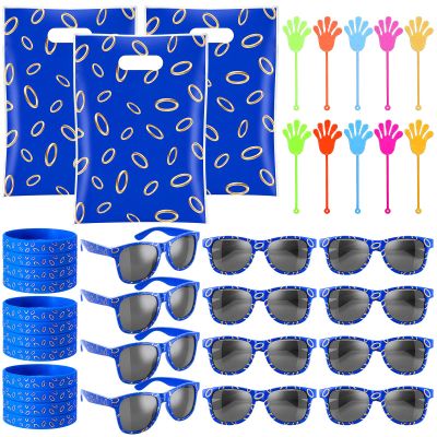 Soulchen 48 Pieces Blue and Gold Theme Ring Birthday Party Decoration Set Video Game Themed Bags Blue with Ring Silicone Bracelet Sunglasses Cartoon Sticky Hand Toys for Birthday Party Supplies Favors