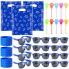 Soulchen 48 Pieces Blue and Gold Theme Ring Birthday Party Decoration Set Video Game Themed Bags Blue with Ring Silicone Bracelet Sunglasses Cartoon Sticky Hand Toys for Birthday Party Supplies Favors view 1