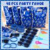 Soulchen 48 Pieces Blue and Gold Theme Ring Birthday Party Decoration Set Video Game Themed Bags Blue with Ring Silicone Bracelet Sunglasses Cartoon Sticky Hand Toys for Birthday Party Supplies Favors view 4