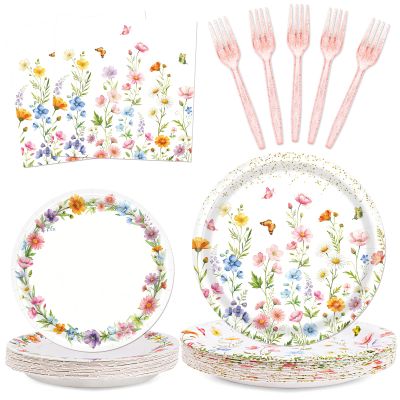 Wildflower Party Decorations, 96PCs Spring Floral Birthday Decorations Serve 24 Include Plates, Napkins, Forks for Wildflower Baby in Bloom Baby Shower Tea Garden Party Decorations