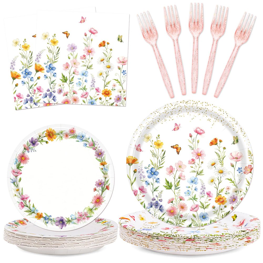 Wildflower Party Decorations, 96PCs Spring Floral Birthday Decorations Serve 24 Include Plates, Napkins, Forks for Wildflower Baby in Bloom Baby Shower Tea Garden Party Decorations