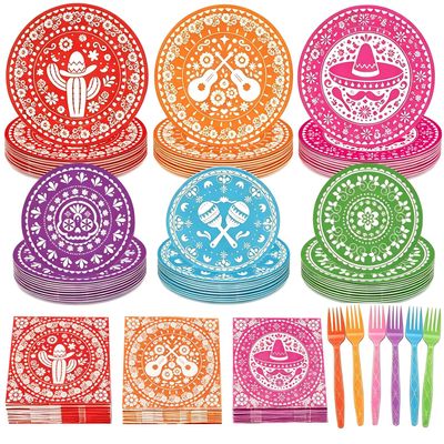 120Pcs Mexican Fiesta Plates Napkins Disposable Dinnerware Set - Serve 24