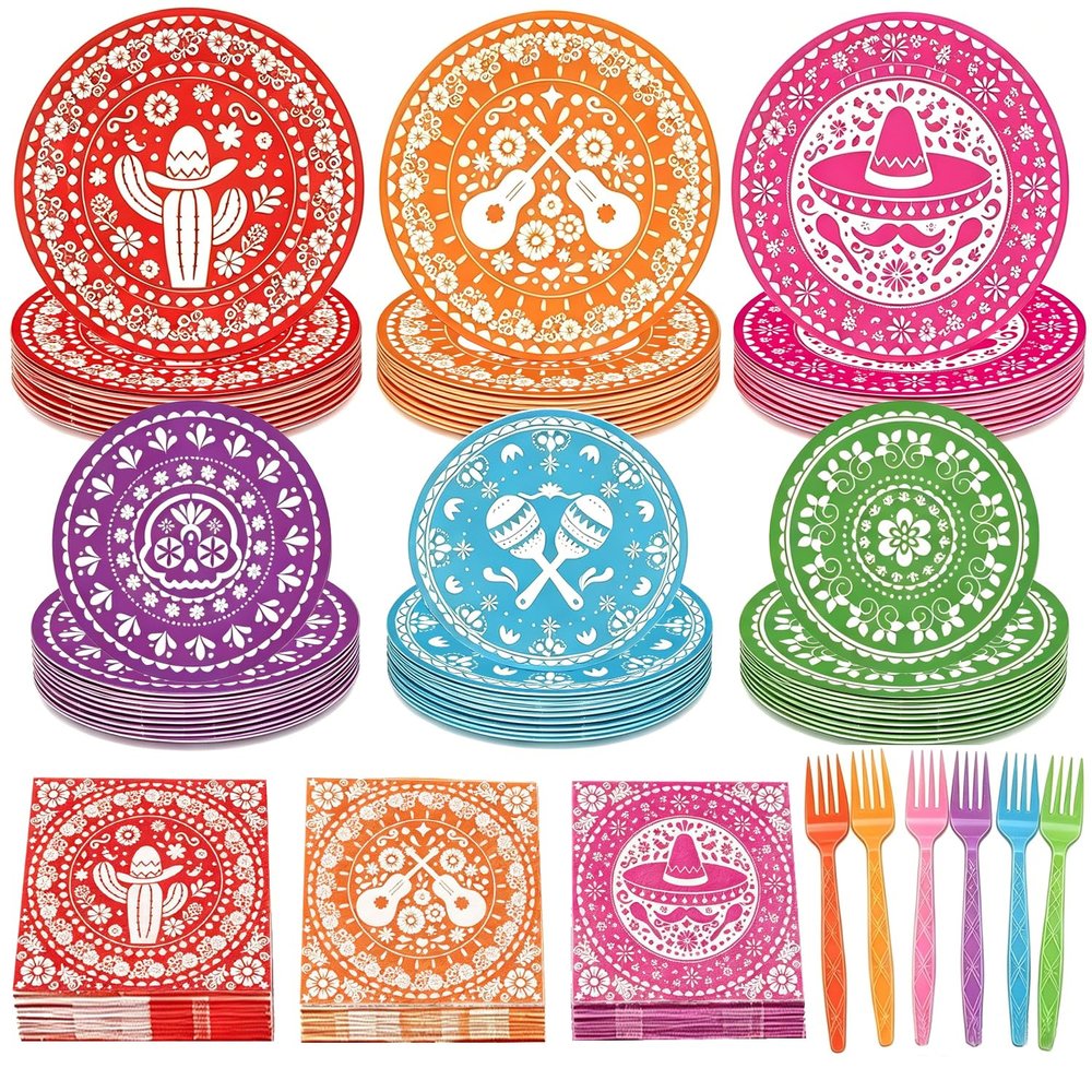 120Pcs Mexican Fiesta Plates Napkins Disposable Dinnerware Set - Serve 24