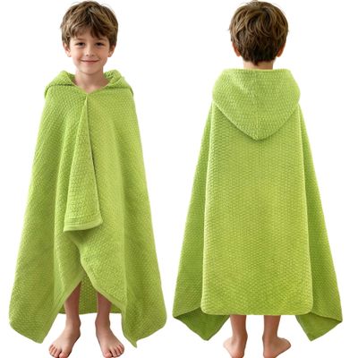 VOOVA & MOVAS Kids Hooded Bath Towel, 6-10 Years, 100% Cotton,Green Waffle