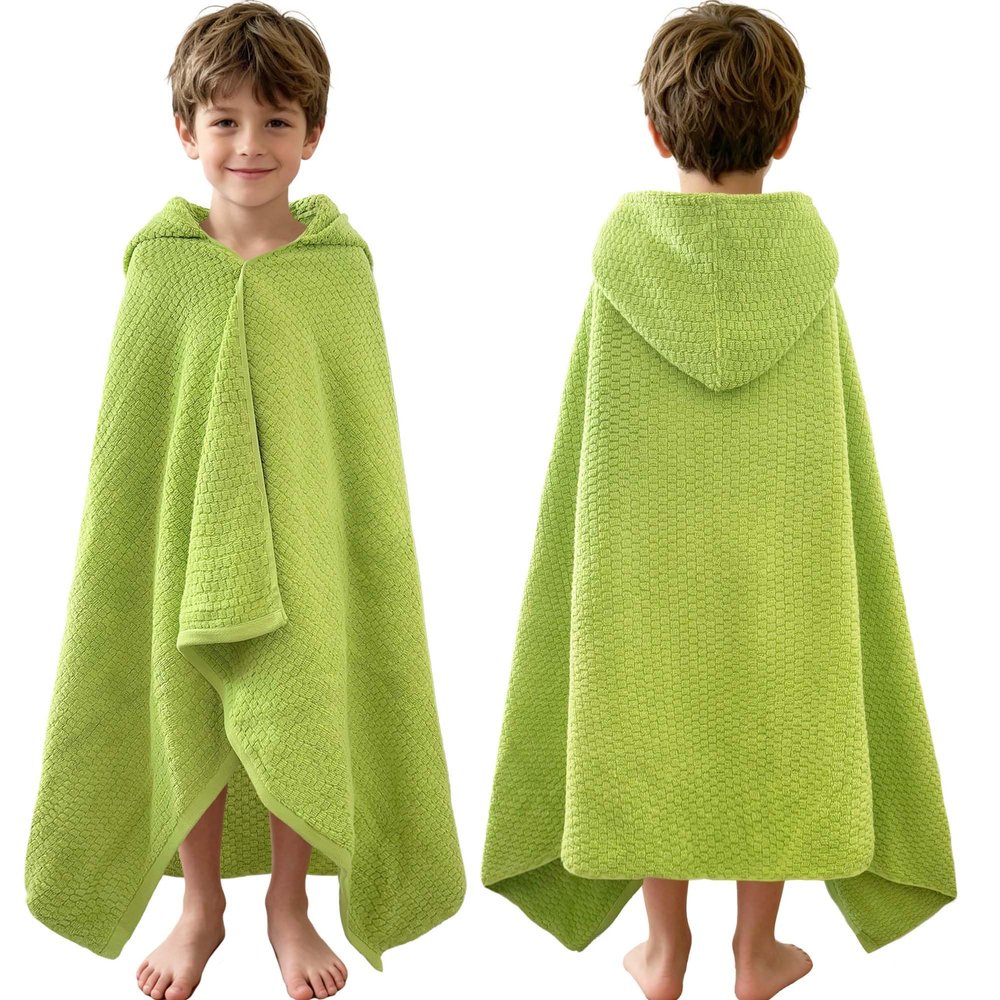 VOOVA & MOVAS Kids Hooded Bath Towel, 6-10 Years, 100% Cotton,Green Waffle