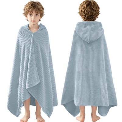 VOOVA & MOVAS Kids Hooded Bath Towel, 6-10 Years,Grey Blue Waffle