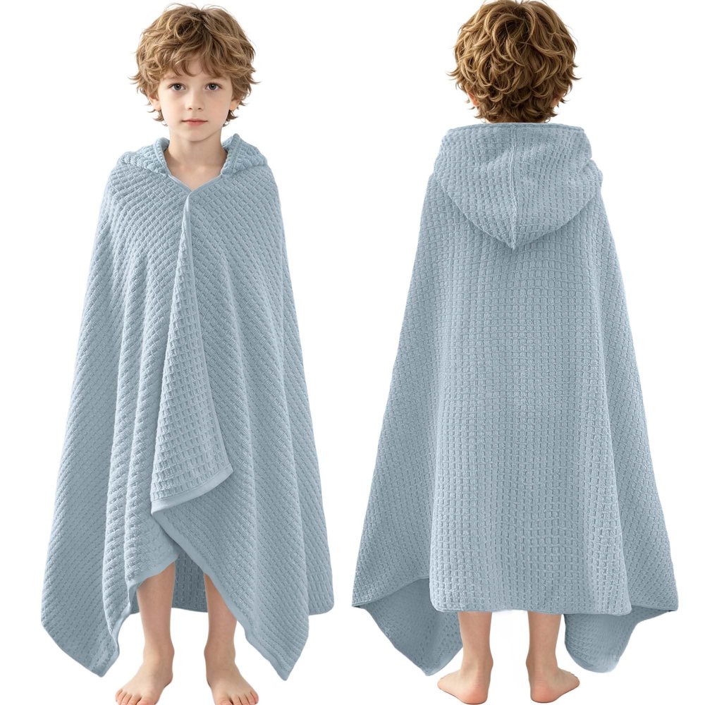 VOOVA & MOVAS Kids Hooded Bath Towel, 6-10 Years,Grey Blue Waffle